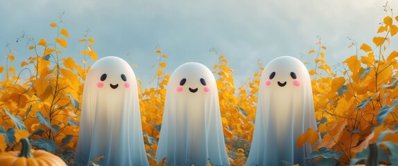 Three cute glowing ghost figures smiling in a pumpkin field during autumn with bright yellow and orange leaves in the background.