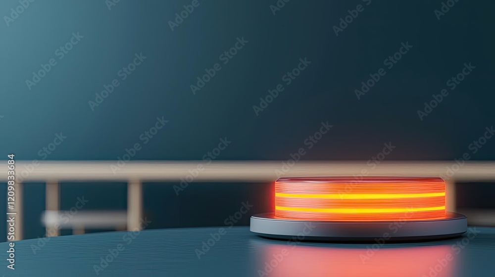 Poster smart education ai concept. a modern red alert button glowing on a sleek table in a minimalist setti