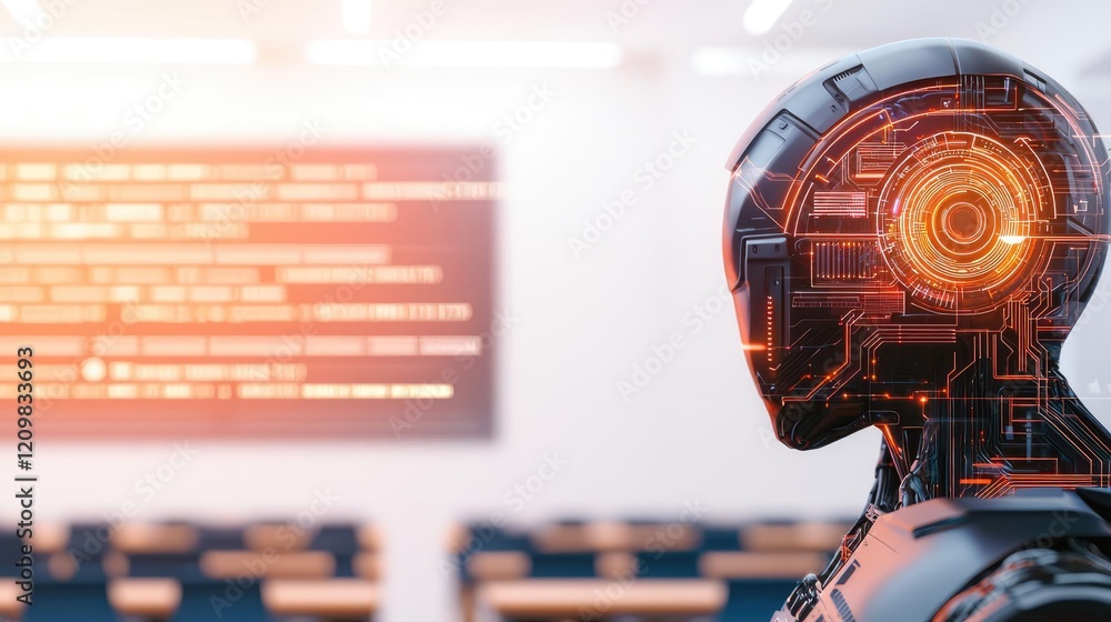 Poster smart education ai concept. futuristic robot with digital interface in a modern classroom setting.