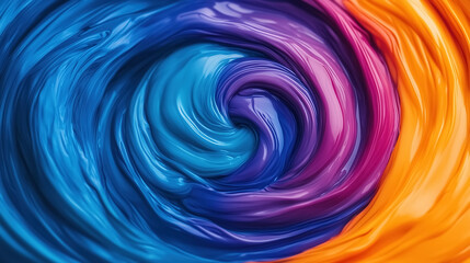 Dynamic abstract swirls with vibrant blue, purple, orange, and pink fluid textures create a bold, glossy vortex background. Perfect for modern design, creative art, and colorful pattern backdrops.
