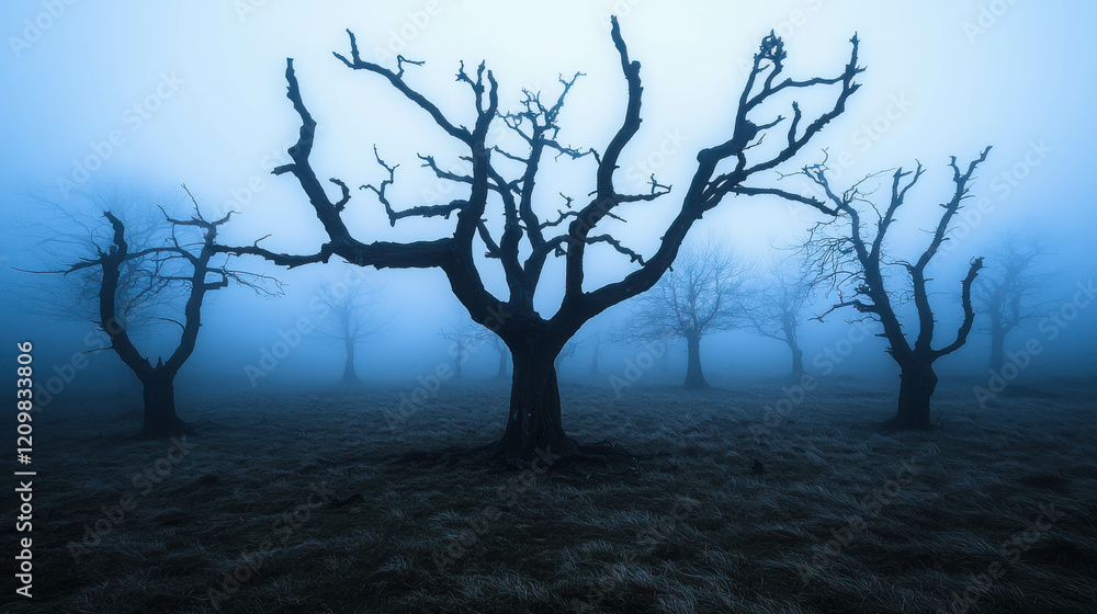 Poster mysterious shadowy forest at twilight with thick swirling mist surrounding bare trees