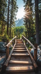 Fototapeta premium Serene Wooden Stairway Ascending Through Enchanted Forest to Majestic Mountain View