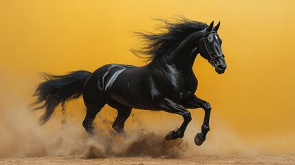 A black horse is running through the sand