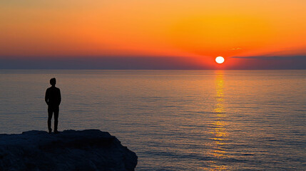 Fototapeta premium Silhouette of a Person Standing at the Edge of a Cliff During a Vibrant Sunset Over the Ocean
