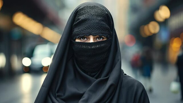 Woman in Black Niqab on Urban Street

