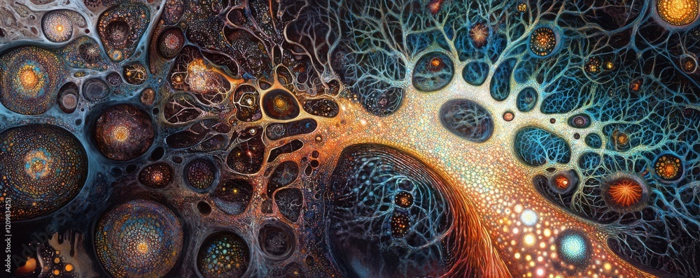 Poster a detailed cross-section of a human brain with pathways of light, revealing the intricate network of