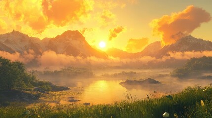 Fototapeta premium A serene sunrise over misty mountains, golden light piercing clouds, a peaceful nature scene