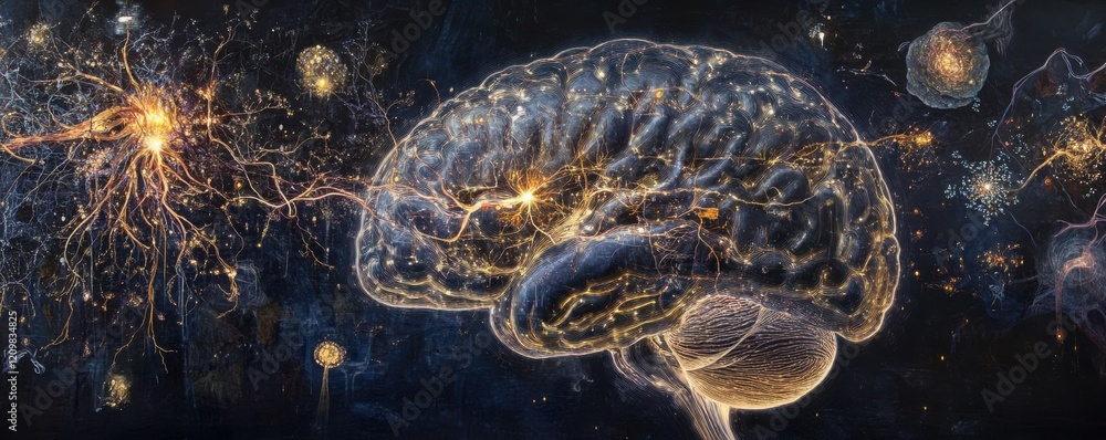 Poster a detailed cross-section of a human brain with pathways of light, revealing the intricate network of