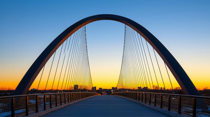 Naklejka premium Sleek Modern Bridge with Curved Lines Against Sunset Background in Urban Landscape