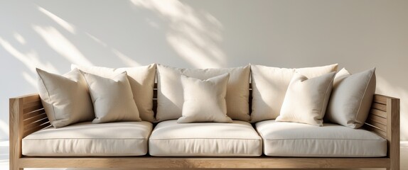 Wooden Outdoor Sofa With Neutral Cushions And Pillows.