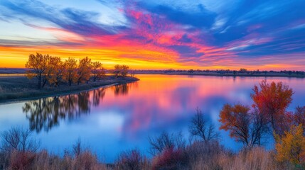 Obraz premium Autumnal Serenity: A Vibrant Sunrise Over a Tranquil Lake