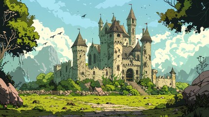 Obraz premium A cartoon illustration of a medieval castle in the countryside.
