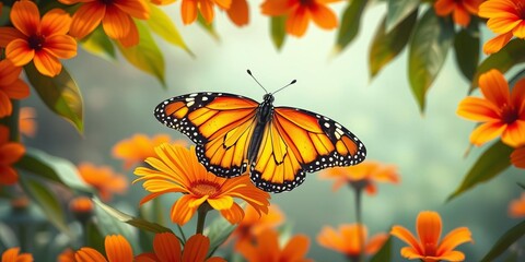 Tropical butterfly resting on orange flower in vibrant summer garden, magic, image