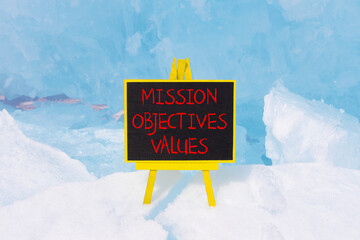 Mission objectives values symbol. Concept words Mission Objectives Values on beautiful black...