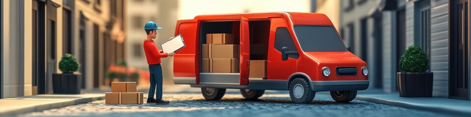 Delivery Service: Red Van Unloading Packages on City Street