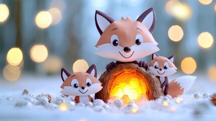 Obraz premium Festive fox family by winter fire, bokeh lights