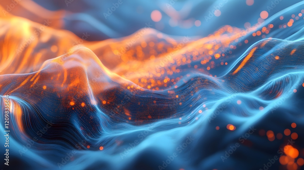 Poster creating an abstract futuristic background, flowing particles form a digital wave, blending shades o