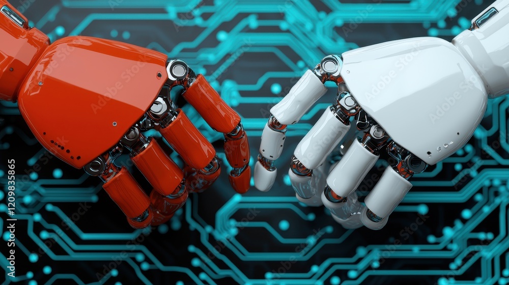 Poster interconnected robotic hands over circuit background technology