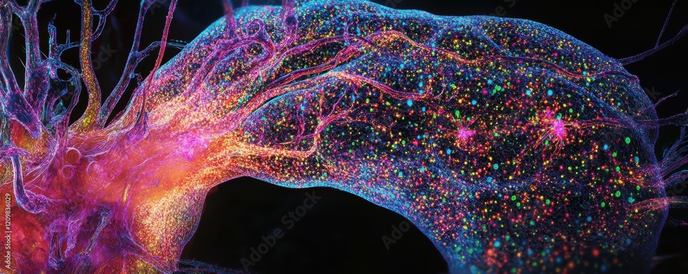 Poster a detailed cross-section of a human brain with pathways of light, revealing the intricate network of