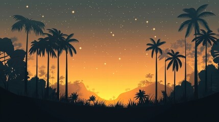 Fototapeta premium Breathtaking Tropical Sunset with Silhouetted Palm Trees and Stars in the Sky - Perfect for Nature and Travel Themes, Digital Art and Illustration.