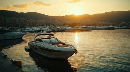 Fototapeta premium Golden Hour Yacht at Marina Sunset