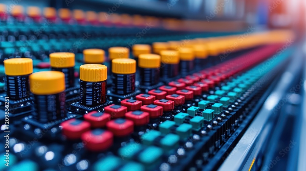 Poster colorful control panel with knobs and buttons in modern technology