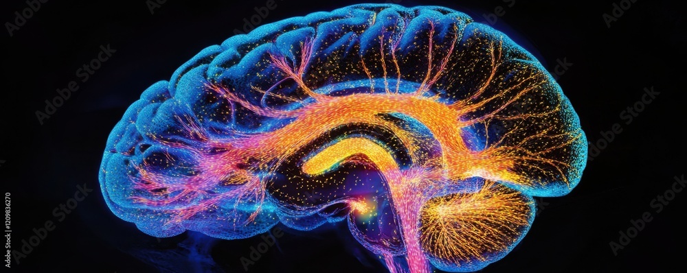 Poster a detailed cross-section of a human brain with pathways of light, revealing the intricate network of