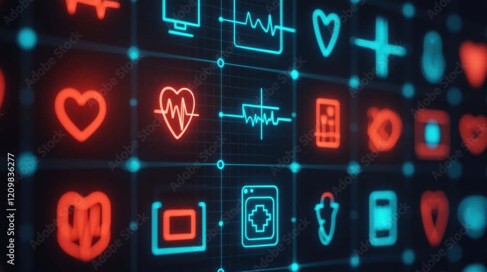 Poster digital health icons visualization in red and blue color scheme