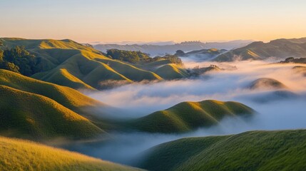 Peaceful sunrise over misty hills, soft light spreading across the mountainscape