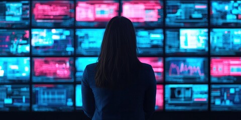 A woman observes multiple vibrant screens displaying data and graphics in a dark environment, creating a futuristic and analytical atmosphere.