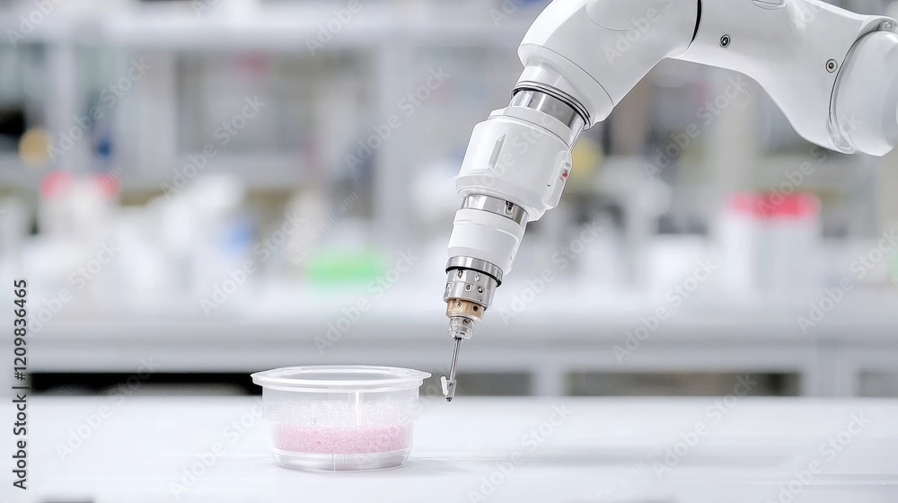 Poster robotic arm precisely placing sample in lab; blurred background