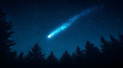 Bright comet streaks through night sky with brilliant blue starry atmosphere above silhouetted forest treeline, capturing celestial phenomenon in mystical astronomical photography.