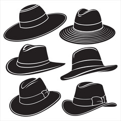 set of vector various style sun hat, beach hat, summer straw hat silhouette