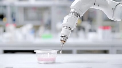 Robotic arm precisely placing sample in lab; blurred background