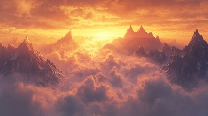 Serene sunrise glow over misty mountains, golden rays breaking through soft clouds