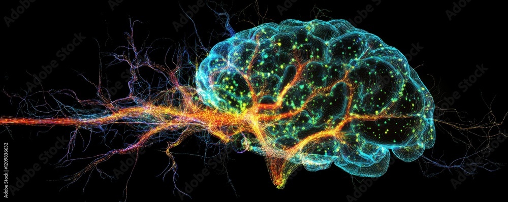Poster a detailed cross-section of a human brain with pathways of light, revealing the intricate network of