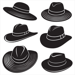 set of vector various style sun hat, beach hat, summer straw hat silhouette