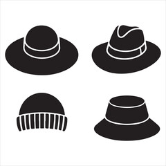 set of vector various style sun hat, beach hat, summer straw hat silhouette