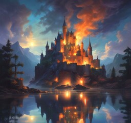 Naklejka premium Illustration of glowing mystery tower castle in night.