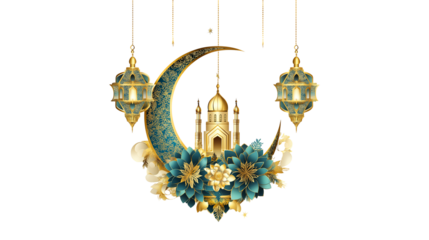 Ramadan kareem islamic moon and mosque hanging lamps card design on transparent background