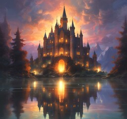 Naklejka premium Illustration of glowing mystery tower castle in night.