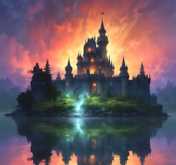 Illustration of glowing mystery tower castle in night.
