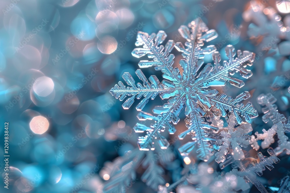 Poster beautiful snowflake glittering on dark blue background with bokeh effect, showcasing delicate frozen