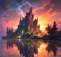 Naklejka premium Illustration of glowing mystery tower castle in night.