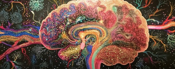 Obraz premium A detailed cross-section of a human brain with pathways of light.