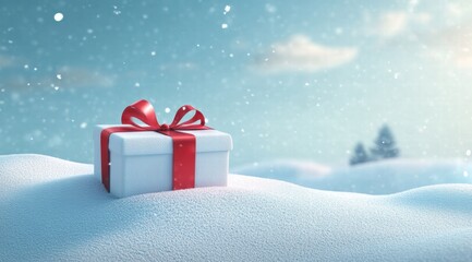 Christmas gift box with red ribbon on snow hill in pastel color background.