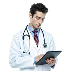 Fototapeta premium Doctor reviewing patient records on a tablet