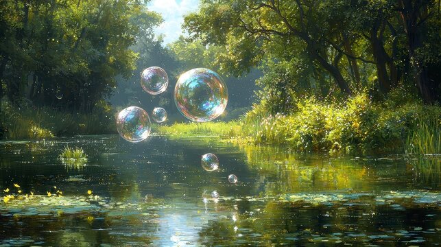 Magical soap bubbles float over a calm river in a lush green forest on a sunny day. - Powered by Adobe
