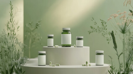 Herbal Supplement Bottles on Minimalist White Pedestal Against Green Background