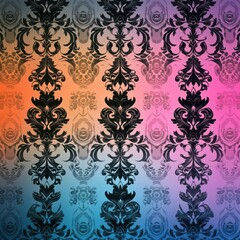 Subtle multicolor gradient tones with black Thai motifs in intricate linework, refined pattern backdrop